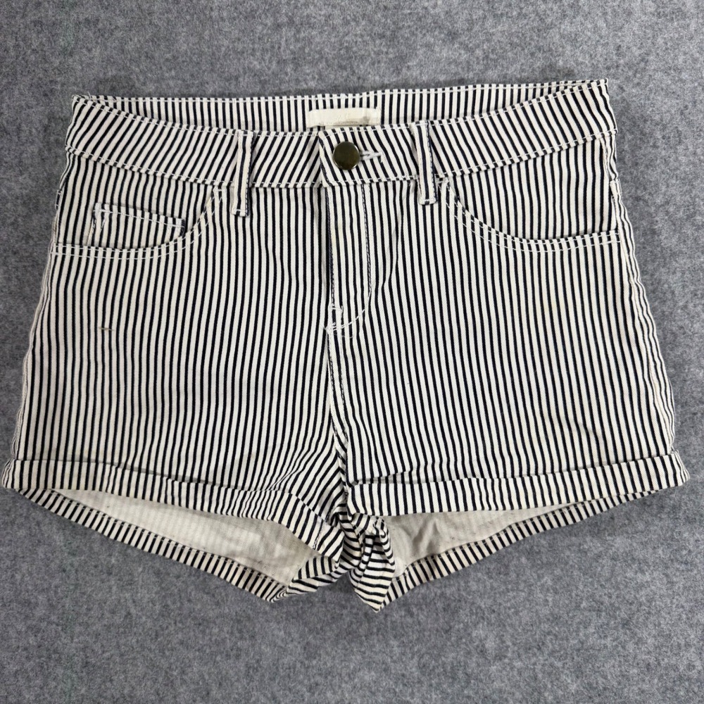 HM Women Navy Blue White Striped Denim Shorts Size 2 High Waist Cuffed Nautical